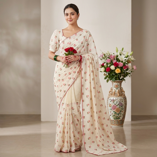 Ivory Rose Malmal Saree with unstiched blouse – Subtle Elegance