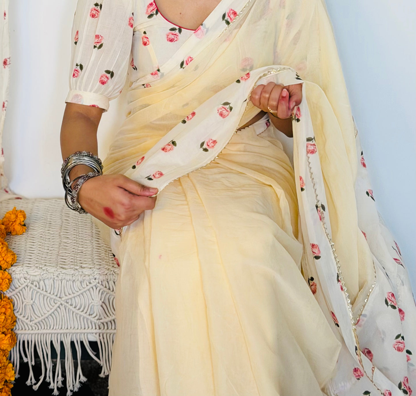Ivory Floral Malmal Saree with unstiched blouse – Soft Summer Elegance