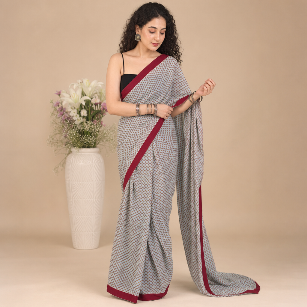 Grey Printed Malmal Cotton Saree with Maroon Border with unstitched blouse