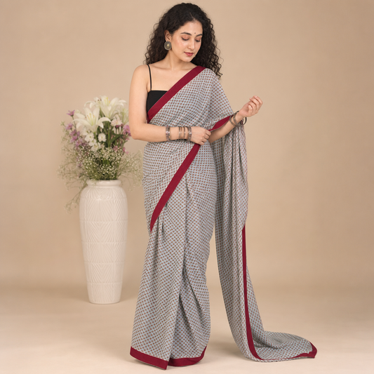 Grey Printed Malmal Cotton Saree with Maroon Border with unstitched blouse
