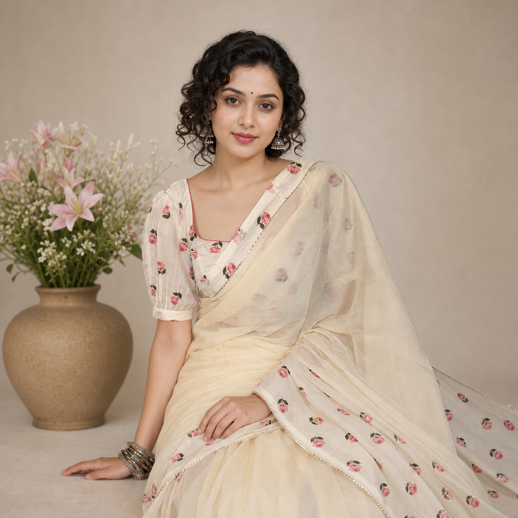 Ivory Floral Malmal Saree with unstiched blouse – Soft Summer Elegance