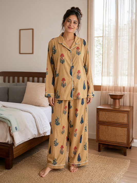 CAMEL BEIGE  Floral Cotton PJ Set