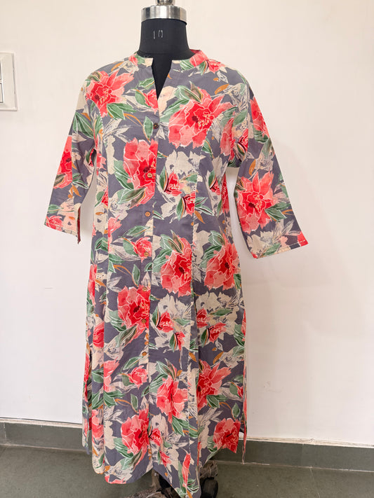 GREY FLORAL COTTON KURTI