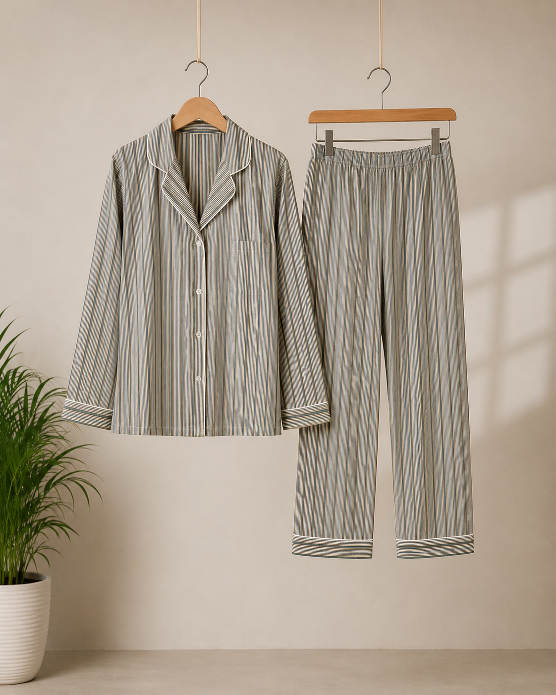 GREY STRIPE PRINT PURE COTTON NIGHT SUIT