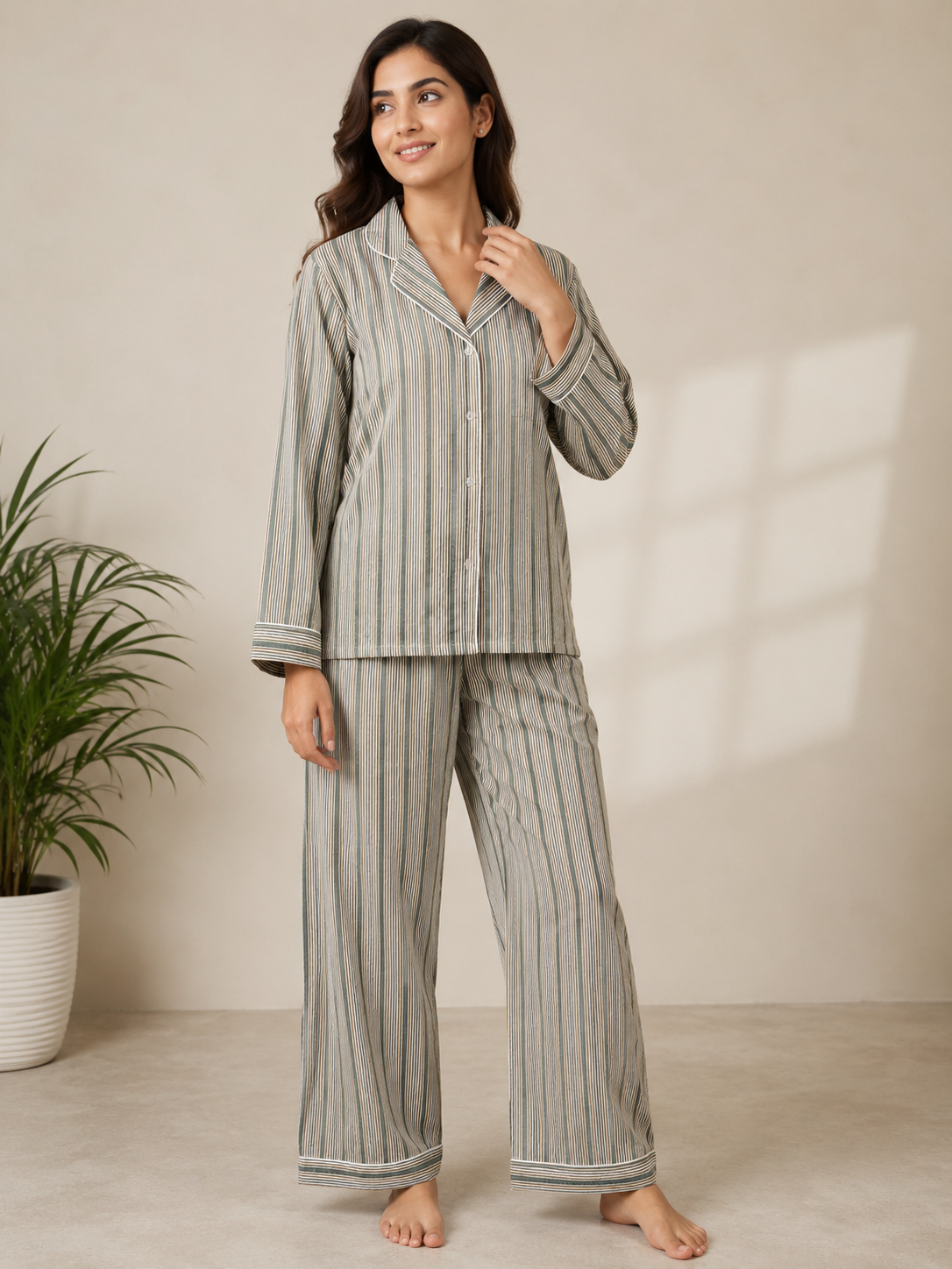 GREY STRIPE PRINT PURE COTTON NIGHT SUIT