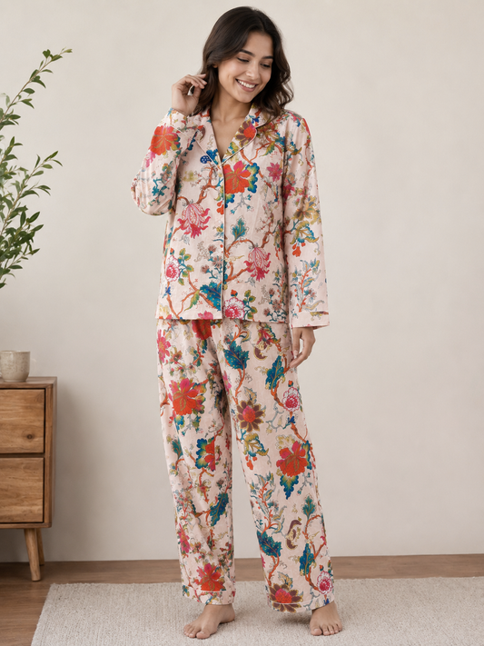 POWDER PINK FLORAL PURE COTTON NIGHT SUIT