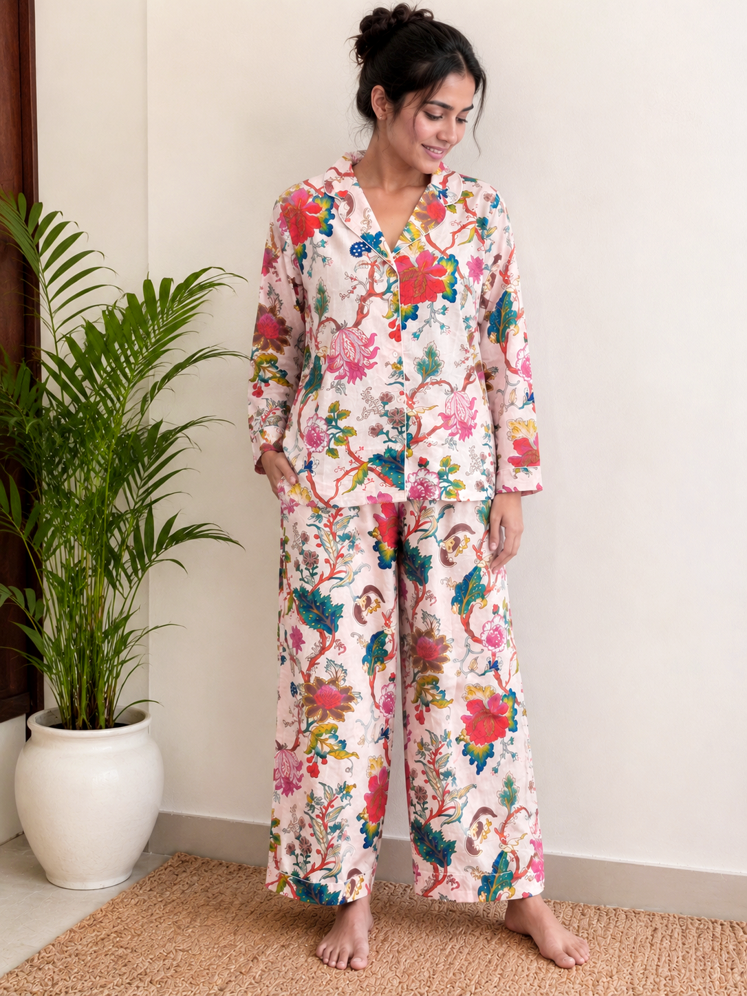 POWDER PINK FLORAL PURE COTTON NIGHT SUIT